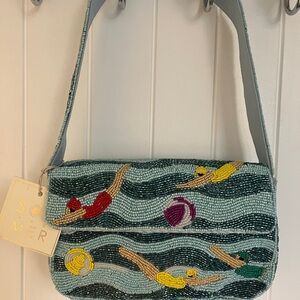 Beaded Swimmers Shoulder Bag in Aqua